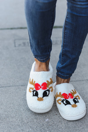 Christmas Reindeer Print Fleece Slippers