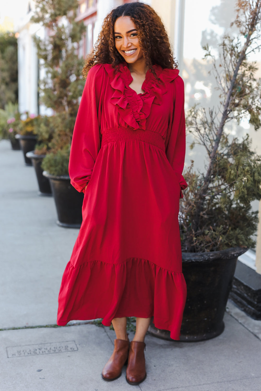 Beautiful You Holiday Red Overlap Ruffle V Neck Midi Dress