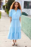 Follow Me Aqua Frill Notch Neck Shirred Waist Tiered Maxi Dress