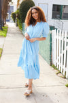 Follow Me Aqua Frill Notch Neck Shirred Waist Tiered Maxi Dress