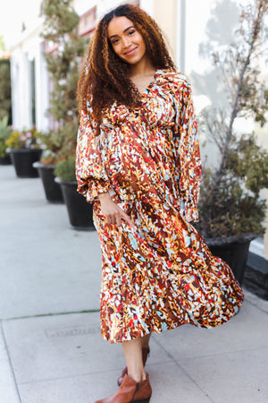 Feeling Femme Mocha Floral Print V Neck Satin Maxi Dress