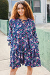 Feeling Joyful Navy Floral Bow Tie Babydoll Long Ruffle Sleeve Dress