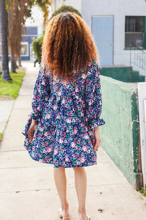 Feeling Joyful Navy Floral Bow Tie Babydoll Long Ruffle Sleeve Dress