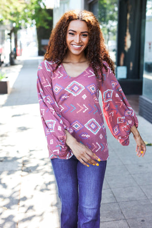 Boho Vibes Elastic Long Sleeve Aztec Print V Neck Pullover