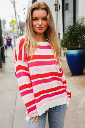 Follow Me Red/Pink Loose Knit Stripe Ribbed Pullover