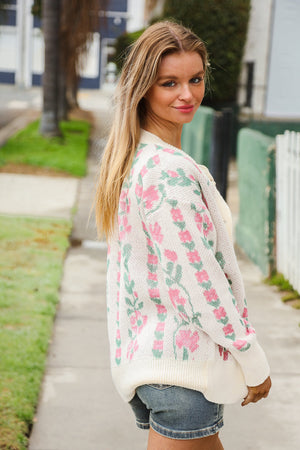 All For Love Ivory Jacquard Vertical Floral Button Down Cardigan