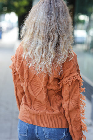 Joyful Days Rust Cable Knit Tassel Fringe Sweater