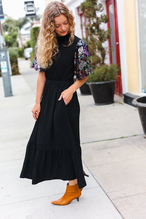 Black Floral Sequin Puff Sleeve Mock Neck Tiered Maxi Dress