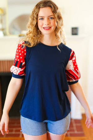 Stand-Out Navy Patriotic Patchwork Puff Sleeve Top