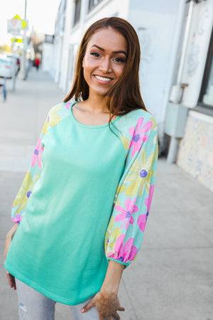 Flower Power Mint French Terry Floral Print Colorblock Pullover