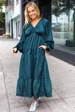 Elegant Hunter Green Elastic V Neck Tiered Satin Maxi Dress