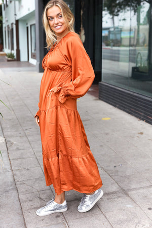 Elegant Rust Elastic V Neck Tiered Satin Maxi Dress