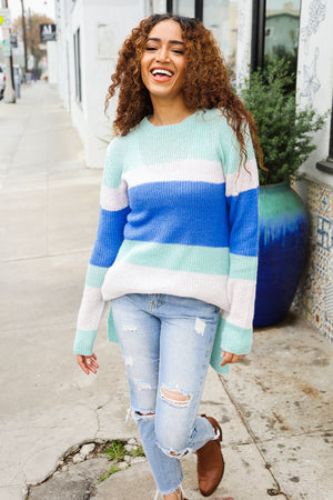 Love Found Mohair Mint/Blue Stripe Rib Knit Tunic Sweater