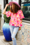 Find Love Pink/Yellow Floral Frill Balloon Short Sleeve Top