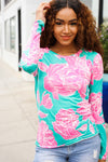 Find Love Aqua/Pink Fitted Floral Print Buttery Soft Knit Top