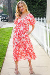 Hello Beautiful Coral Elastic V Neck Tiered Big Floral Maxi Dress