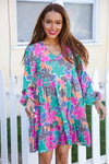 Lock Eyes Stone/Green Long Sleeve V Neck Ruffle Hem Babydoll Dress