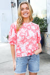 Spring Vibes Coral Wavy Rib Puff Short Sleeves Floral Top