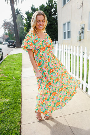 Hello Beautiful Sage Elastic V Neck Tiered Daisy Floral Maxi Dress