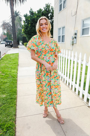 Hello Beautiful Sage Elastic V Neck Tiered Daisy Floral Maxi Dress