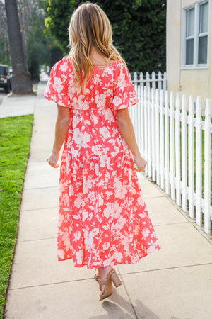 Hello Beautiful Coral Elastic V Neck Tiered Big Floral Maxi Dress