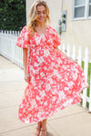 Hello Beautiful Coral Elastic V Neck Tiered Big Floral Maxi Dress