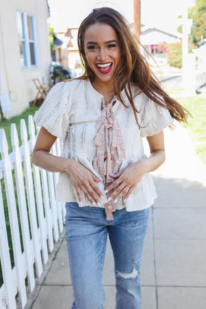 Adorable You Oatmeal Crinkle Puff Sleeve Bow Tie Lace Top