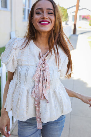 Adorable You Oatmeal Crinkle Puff Sleeve Bow Tie Lace Top