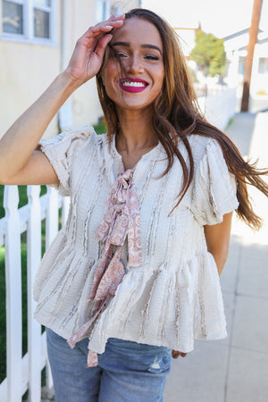 Adorable You Oatmeal Crinkle Puff Sleeve Bow Tie Lace Top