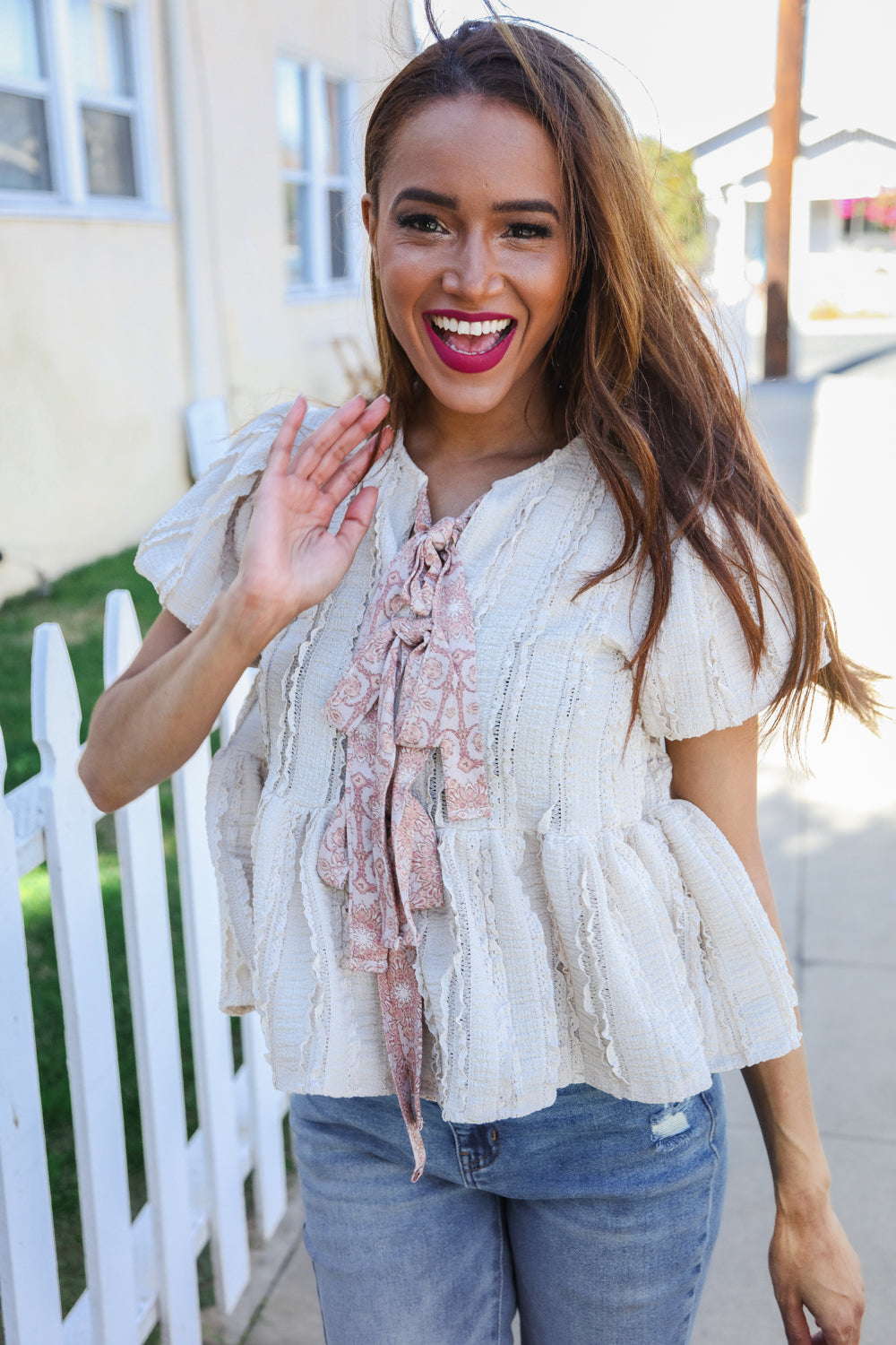 Adorable You Oatmeal Crinkle Puff Sleeve Bow Tie Lace Top