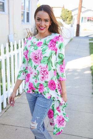 Be Bold Ivory Big Floral Hi-Lo Ruffle Hem Knit Top