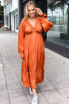 Elegant Rust Elastic V Neck Tiered Satin Maxi Dress