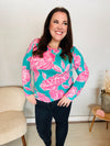 Find Love Aqua/Pink Fitted Floral Print Buttery Soft Knit Top