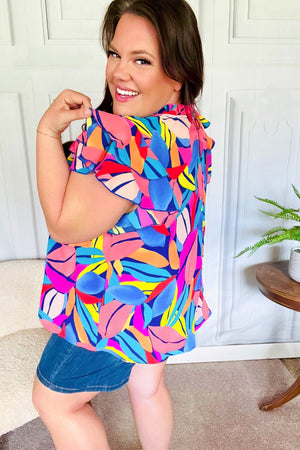 Tropical Vibes Blue & Pink Mock Neck Flutter Sleeve Top