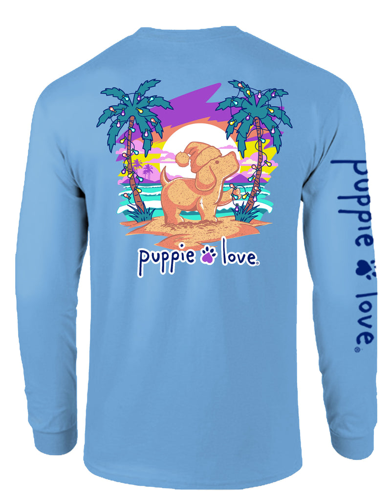 Christmas Palm Sunset Pup Long Sleeve Tee By Puppie Love (Pre-Order 2-3 Weeks)